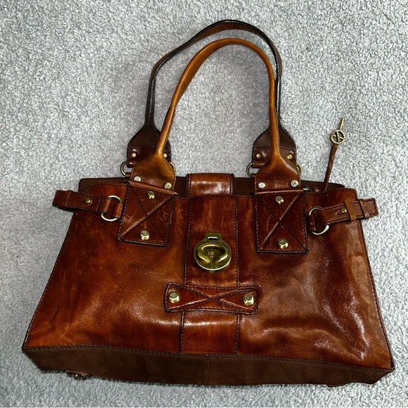 Francesco Biasia Brown Leather Satchel with Gold Accents - Picture 1 of 11
